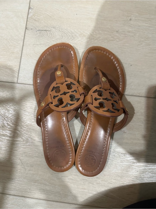Tory Burch Shoes - Tory Burch Tan Leather Miller Logo Thong Sandals